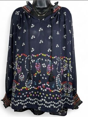 CAbi Navy Floral Paisley Embroidered Peasant Top